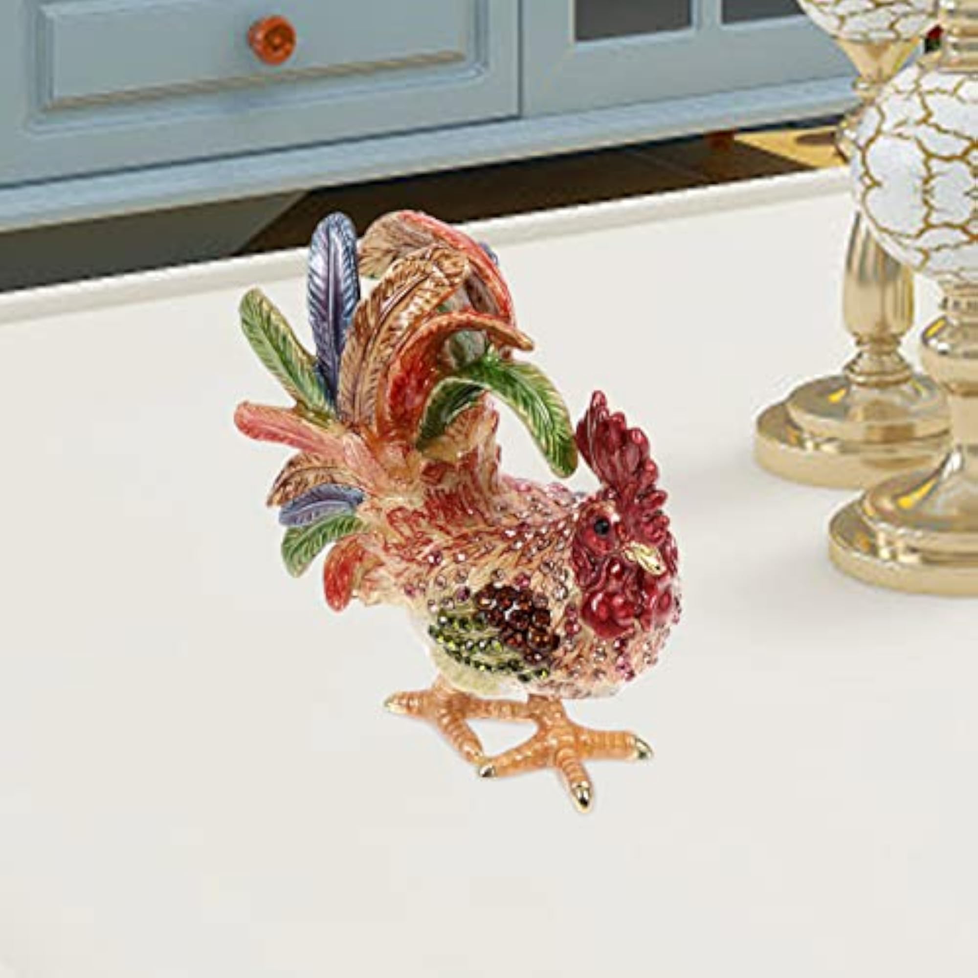 Rooster Trinket Box, Hinged Enameled Jewelry Box